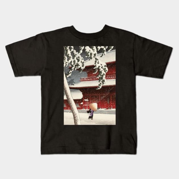 Red temple in Snow Japanese art Kids T-Shirt by geekmethat